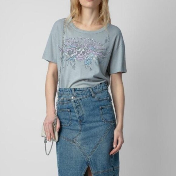 Zadig & Voltaire Marta Tee Blue Beaded Skull Wings Graphic Shirt Womens - Picture 4 of 4